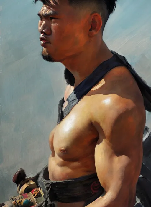 Image similar to greg manchess side portrait of a filipino mma fighter sitting on a tank, organic painting, sunny day, matte painting, bold shapes, hard edges, street art, trending on artstation, by huang guangjian, gil elvgren, ruan jia, randy vargas, greg rutkowski