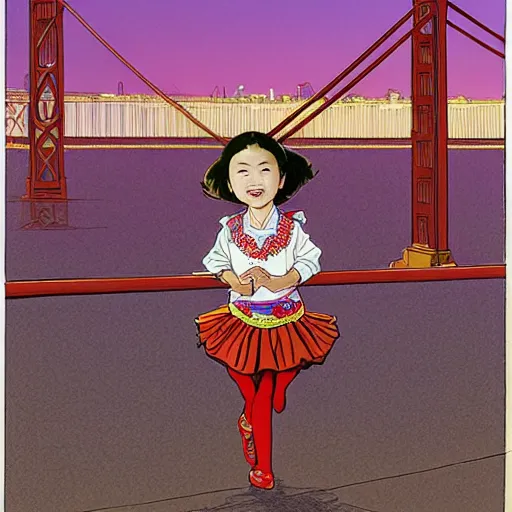 Image similar to a chinese caucasian mixed race hapa five - year - old girl, dressed as a ballerina, balancing on the golden gate bridge, smiling into the camera, portrait, wide shot, sunset illustration, pop art, splash painting, art by geof darrow, ashley wood, alphonse mucha