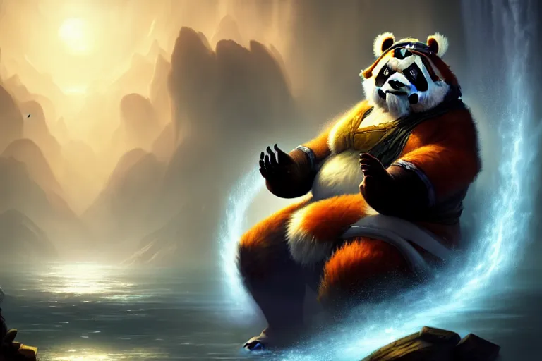 Image similar to [ important ] amazing portrait of a pandaren meditating [ / important ], hearthstone splash art, deiv calviz, splash art, natural light, elegant, intricate, fantasy, atmospheric lighting, by greg rutkowski, hearthstone splash art, hd wallpaper, ultra high details, cinematic composition