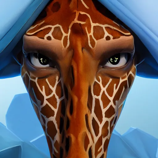 Image similar to a highly detailed half portrait of a humanoid giraffe in a blue cloak, adventurer, artstation, deviantart, professional, unreal engine 5, octane render