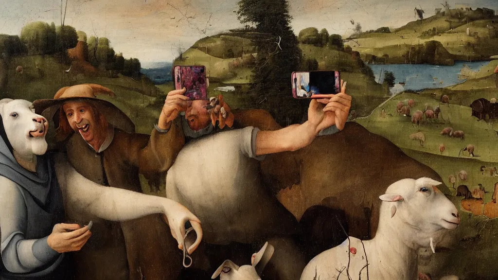 Image similar to A butcher and sheep taking a selfie smiling, in the fashion of Hieronymus Bosch, oil on canvas, painting, 4k, wide shot