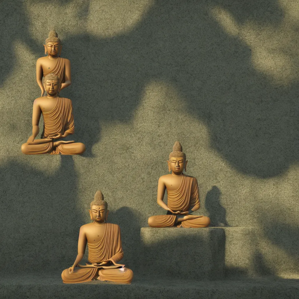 Image similar to 3 d model of a meditating buddha checking his phone in unreal engine