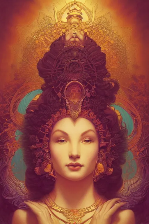 Prompt: portrait of a beautiful goddess by artgerm, mandala, rococo, vivid color, complementary color, golden ratio, detailed, sharp lines, sharp focus, intricate, rainbowshift, by maxfield parrish, by peter mohrbacher, by gustave dore, by alphonse mucha, deviantart, octane render