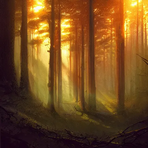 Image similar to windowview, beautiful forest, sunset, high detail, dramatic light, sunrays, digital art, dark, painted by seb mckinnon and greg rutkowski, trending on artstation