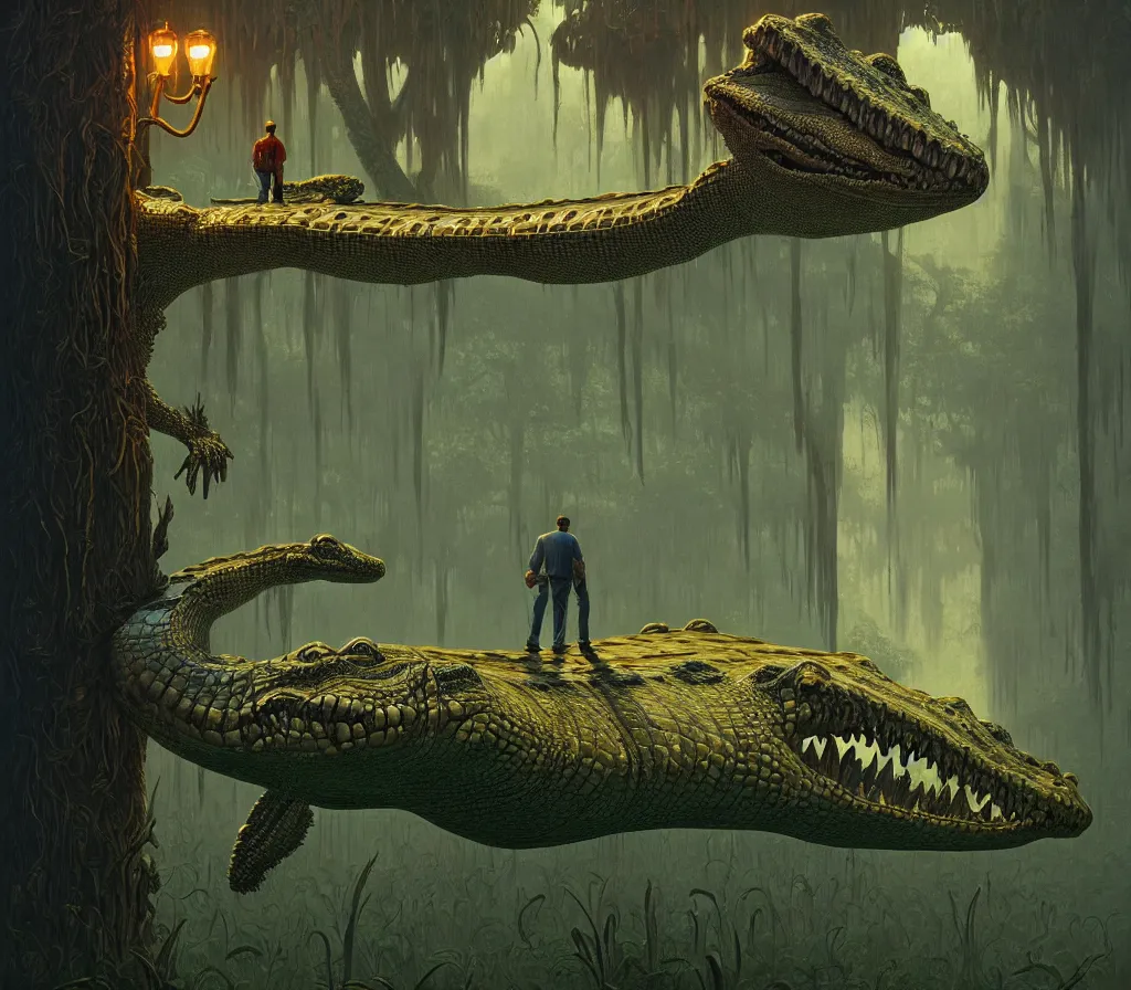 Prompt: a man with the head of an alligator, intricate, detailed, volumetric lighting, sharp focus, scenery, photorealism, digital painting, highly detailed, concept art, by roger dean and simon stalenhag and mark brooks