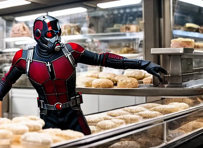 Image similar to film still of Antman working in a bakery in the new Avengers movie, 4k