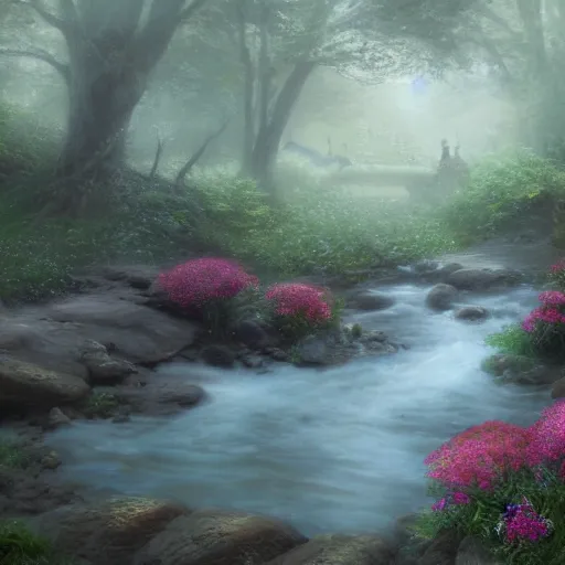 Prompt: matte painting of an old mason bridge decorated with flowers alongside above a small rocky river stream, realistic, 4 k, artstation, dreamy, fog, volumetric lighting, high detail