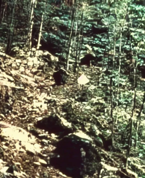 Prompt: a screen capture of found footage video left behind by a missing hiker in 1 9 8 6