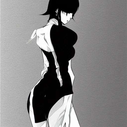 Image similar to slim beautiful killer girl in tuxedo with short black hair, elegant, 2d, ultra highly detailed, digital painting, smooth, sharp focus, artstation, black and white art by Tsutomu Nihei