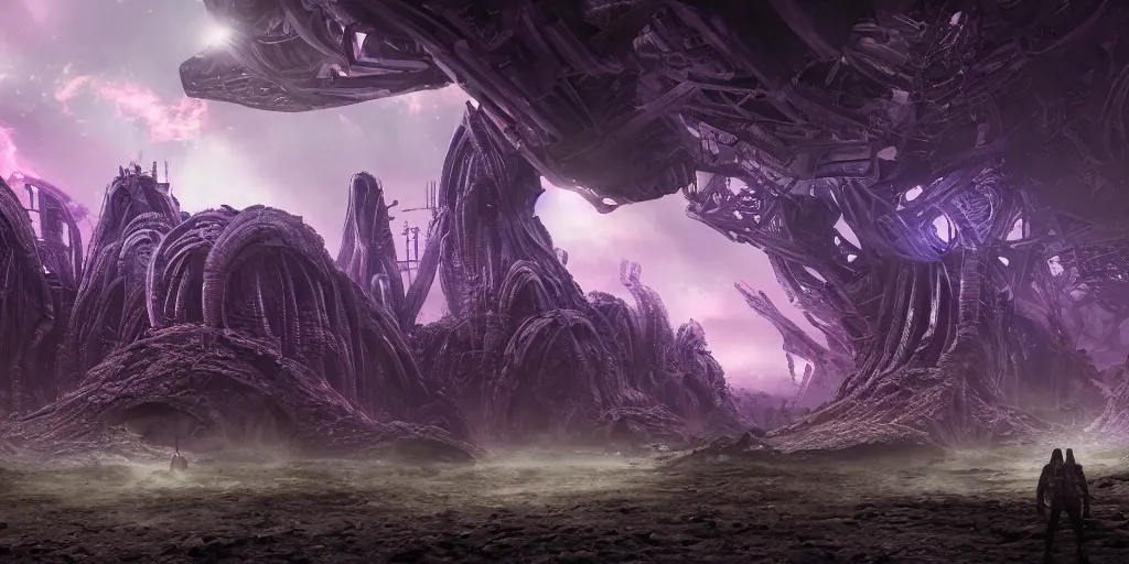 Image similar to alien landscape, ruined alien structures, glowing purple, beautiful, solarpunk, trending on artstation, 8 k, high detail, by shrimbly flingleston