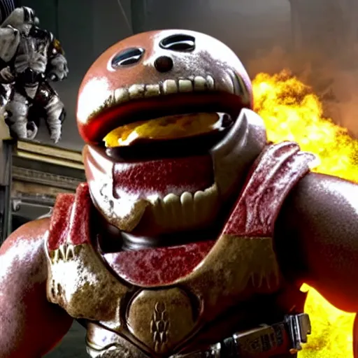 Prompt: burger king kurger bing creepy mascot in gears of war, cinematic shot