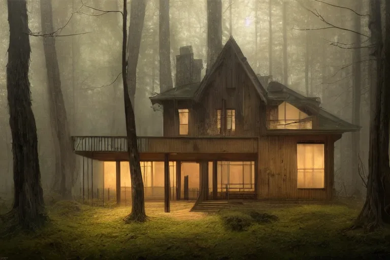 Prompt: a 1 9 5 0 s luminous house in the middle of a dark, gloomy, misty forest enveloped in moss and bark, illustrated by greg rutkowski and gaston bussiere, trending on artstation, intricately defined, complexly detailed, cgsociety contest winner, zbrush, mannerism, 4 k, grim lighting, misty atmosphere