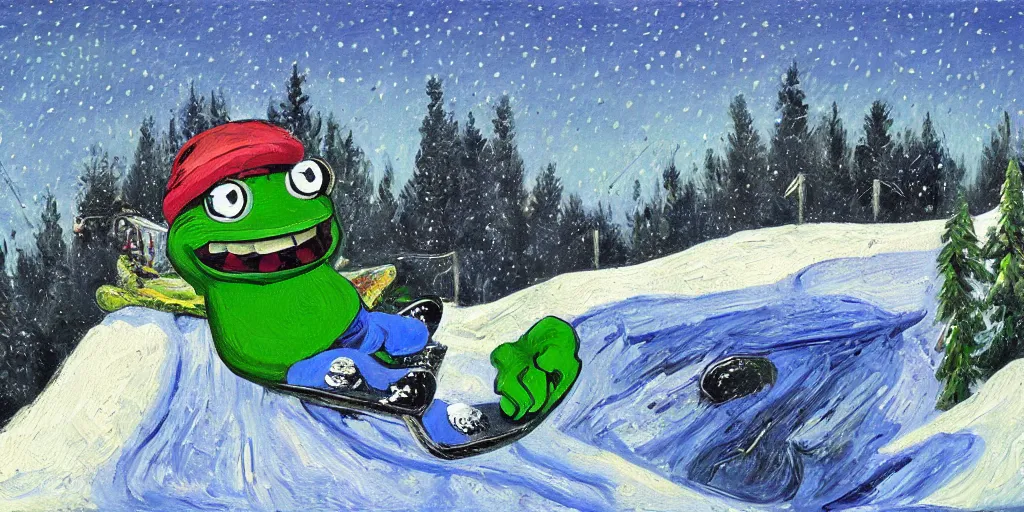 Image similar to sad pepe the frog snowboarding in terrain park, frustration, pain, anger, ramps, half - pipe, gloomy landscape, expressive oil painting by christopher radlund and camille pissaro