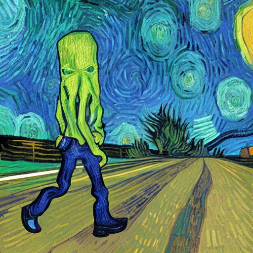 Prompt: green alien walking on abbey road, van gogh style painting