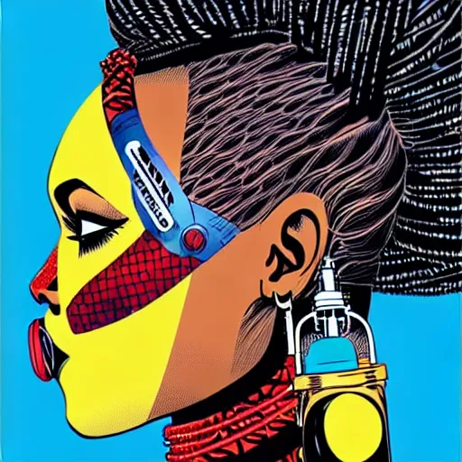 Image similar to a profile photo of a african woman with a diving oxygen mask with side profile blood in ocean intricate details by MARVEL comics and Sandra Chevrier-C