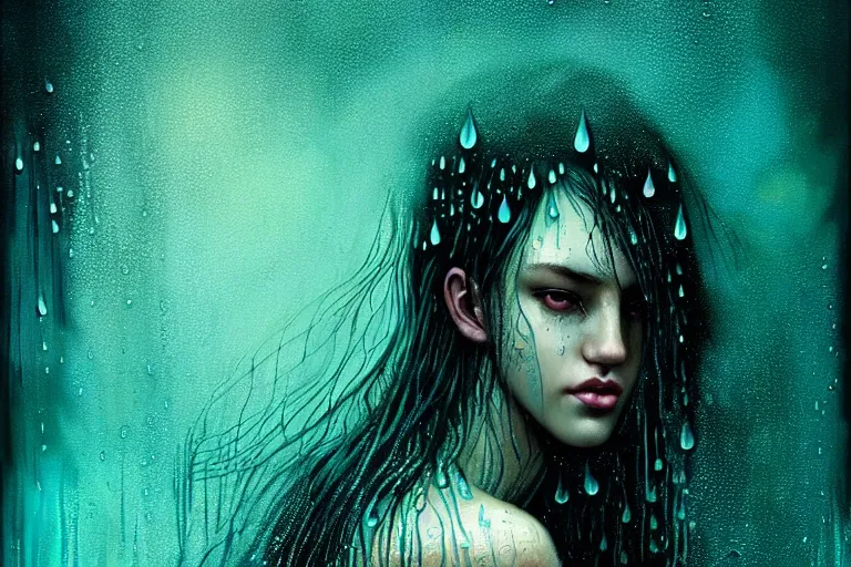 Image similar to girl finding freedom in rain with wet hair and face, teal, fantasy, intricate, elegant, dramatic lighting, emotionally evoking symbolic metaphor, highly detailed, lifelike, photorealistic, digital painting, artstation, concept art, smooth, sharp focus, illustration, art by John Collier and Albert Aublet and Krenz Cushart and Artem Demura and Alphonse Mucha