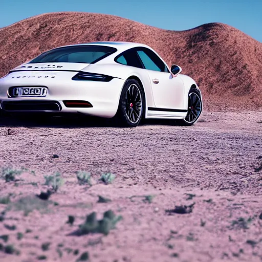 Prompt: porsche in the middle of the desert, professional photography, vaporwave