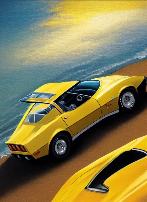 Image similar to a miniature of a yellow 1979 stingray corvette at the beach at sunset, t-top, convertable,digital art,detailed,ultra realistic,art by greg rutkowski