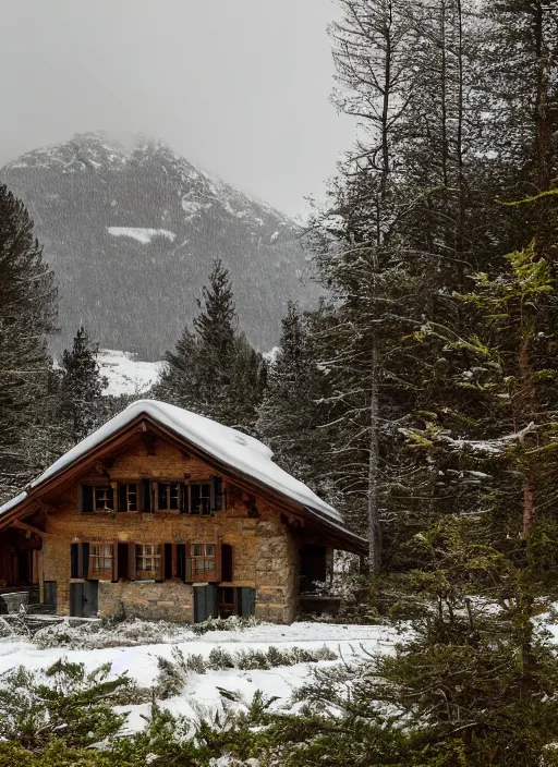 Image similar to an exquisite holiday home in the middle of the snowcapped mountains of france, visible through the lush overgrowth, architectural photography, dark and dim lighting, beautiful, tranquil, moody, cinematic, fantasy, 3 5 mm lens, volumetric lighting, first person view, photographic render, hyper realistic