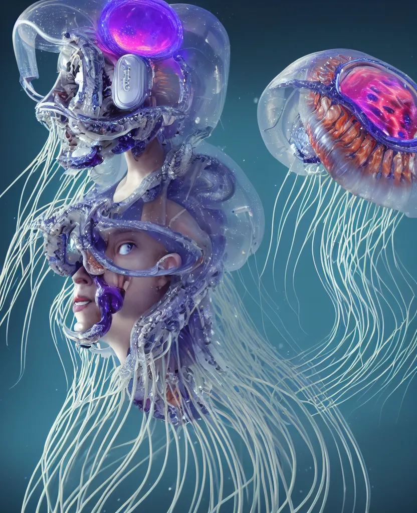 Image similar to close-up portrait of the face of a beautiful princess in a twisted flowers jellyfish mask in a spaceman suit surrounded by energy flow, epic angle and pose, symmetrical artwork, 3d with depth of field, blurred background, floating jellyfish skull phoenix bird, translucent, nautilus, energy flows of water and fire. a highly detailed epic cinematic concept art CG render. made in Maya, Blender and Photoshop, octane render, excellent composition, cinematic dystopian brutalist atmosphere, dynamic dramatic cinematic lighting, aesthetic, very inspirational, arthouse. y Greg Rutkowski, Ilya Kuvshinov, WLOP, Stanley Artgerm Lau, Ruan Jia and Fenghua Zhong