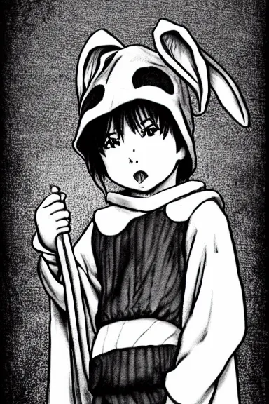 Prompt: attractive little boy wearing an bunny suit, black and white artwork made by kentaro miura