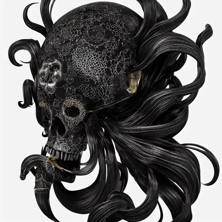 Image similar to black background. absolutely symmetrical sculpture. centered. goddess princess face close-up portrait ram skull. sculpture made of gold and black charcoal. jellyfish phoenix head, nautilus, orchid, skull, betta fish, bioluminiscent creatures, intricate artwork by Tooth Wu and wlop and beeple. octane render, trending on artstation, greg rutkowski very coherent symmetrical artwork. cinematic, hyper realism, high detail, octane render, 8k