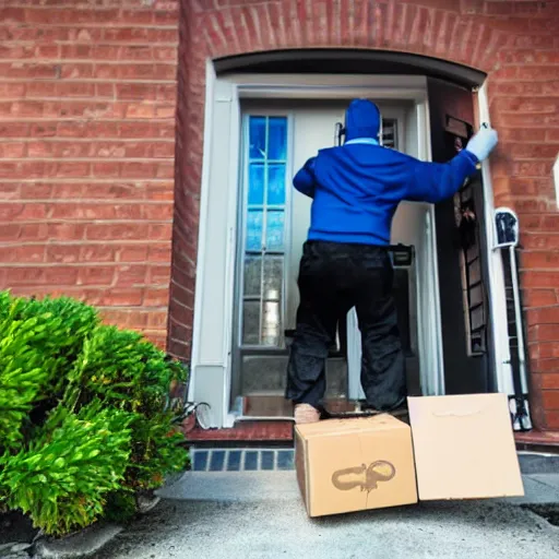 Image similar to fisheye view of dinosaur stealing packages from front porch, ring doorbell view