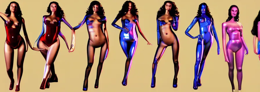 Prompt: pattern of anthropomorphic 3 d females looking like playboy models accompanying artificial intelligence blueprint