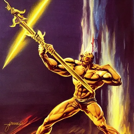 Prompt: a golden sword of pure light striking down a being of pure shadow, frank frazetta style