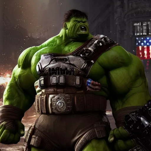 Image similar to ' donald trump as the hulk in gears of war, splash art, movie still, detailed face, maga, patriot, cinematic lighting, dramatic, octane render, long lens, shallow depth of field, bokeh, anamorphic lens flare, 8 k, hyper detailed, 3 5 mm film grain