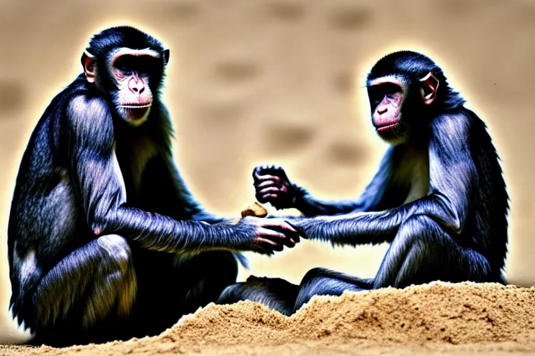 Image similar to a primate touching a completed sand castle