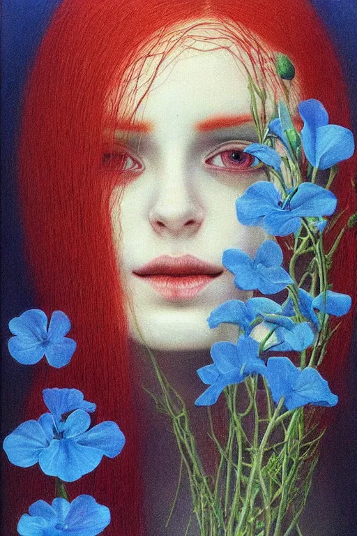 Image similar to pale woman, with long red hair, completely tattooed with blue fluorescent flowers, by zdzisław beksiński