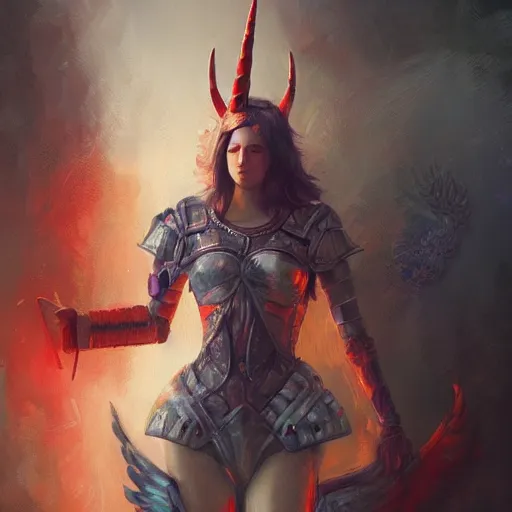 Prompt: girl with an unicorn horn and red wings, armor, dressed, photorealism, high detail, digital oil painting, glitch creatures, dmt entity ; lsd art, trending on artstation, style greg rutkowski