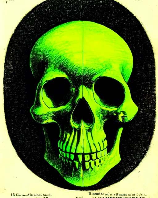 Image similar to illustration of a neon green skull floating over cubes from the dictionarre infernal, etching by louis le breton, 1 8 6 9, 1 2 0 0 dpi scan