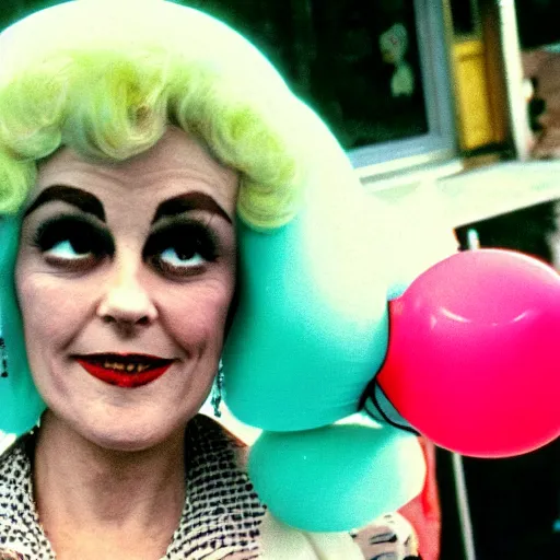 Prompt: 1976 glamorous middle aged woman wearing a transluscent inflatable toy head in a small European village 1976 French film archival footage technicolor film expired film 16mm Fellini new wave John Waters movie still