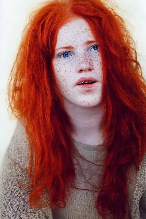 Prompt: A beautiful young freckled woman with red hair, mouth slightly open, slight smile, looking at the camera, award winning photograph by Annie Liebowitz