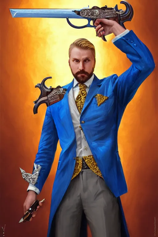 Prompt: a swedish man in a blue suit with a jeweled sword and a pistol, highly detailed, d & d, fantasy digital painting, trending on artstation, concept art, sharp focus, illustration, global illumination, ray tracing, realistic shaded, art by artgerm and greg rutkowski and fuji choko and viktoria gavrilenko and hoang lap