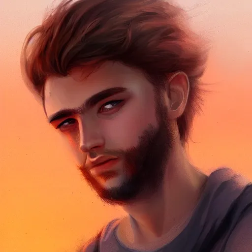 Prompt: young man with a light beard, beautiful sunset, high definition, concept art, digital painting, art by Bowater and Charlie