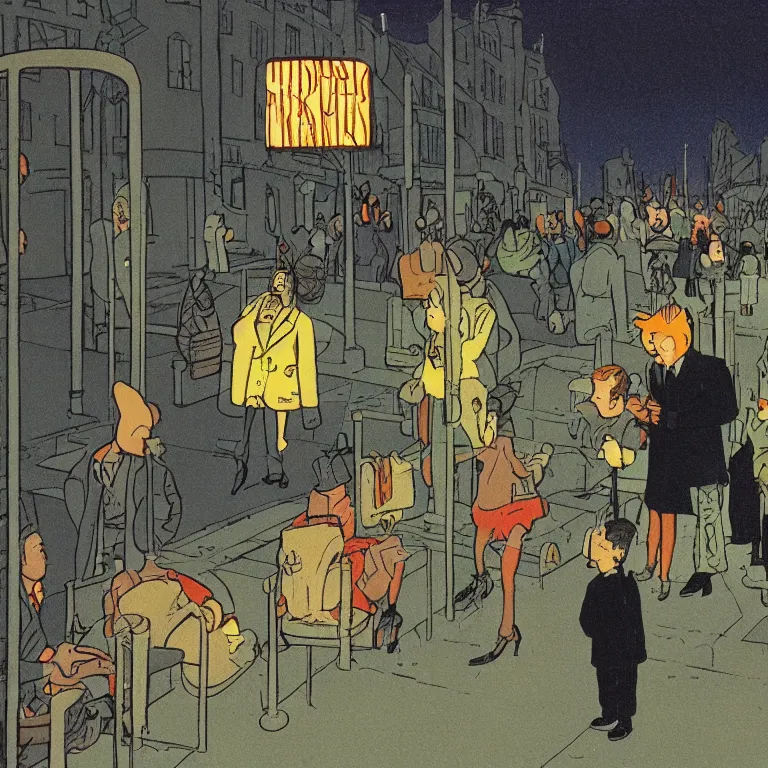 Image similar to some people waiting in bus stop in quiet dark city night, detailed, high quality, high resolution, color illustration by herge in tintin flight 714