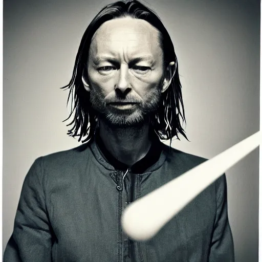 Image similar to Thom Yorke, Radiohead singer Thom Yorke, holding the moon upon a stick, with a beard and a black jacket, a portrait by John E. Berninger, dribble, neo-expressionism, uhd image, studio portrait, 1990s