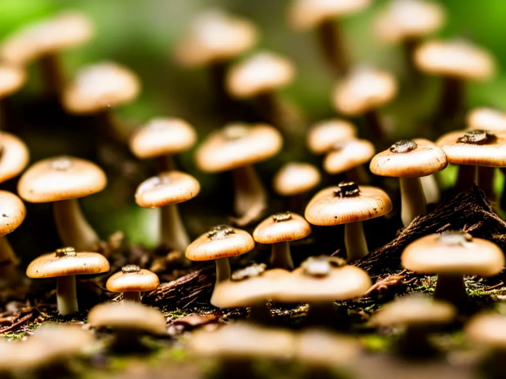 Image similar to macro photo of 1 5 tiny mushrooms in the forest sharp focus
