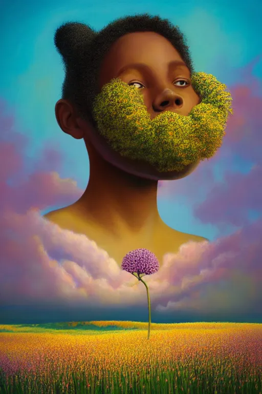 Image similar to closeup, giant flower as head, african woman in heather field, surreal photography, golden hour, colorful clouds, impressionist painting, digital painting, artstation, simon stalenhag