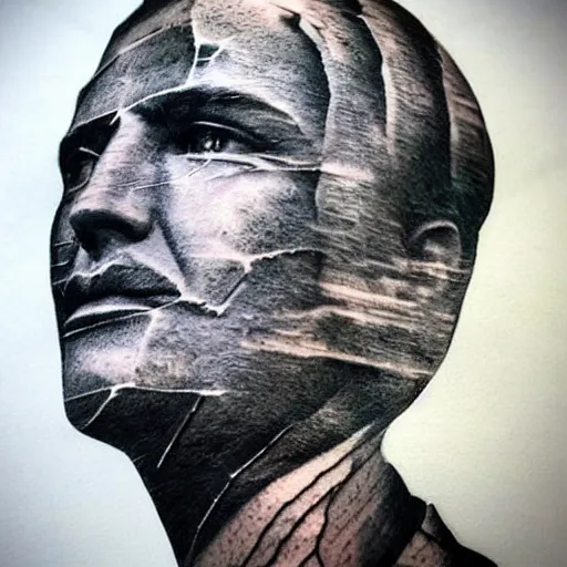 Image similar to double - exposure effect of davids statue face blended with the most beautiful mountains, in the style of dan mountford, amazing detail, black and white, tattoo sketch