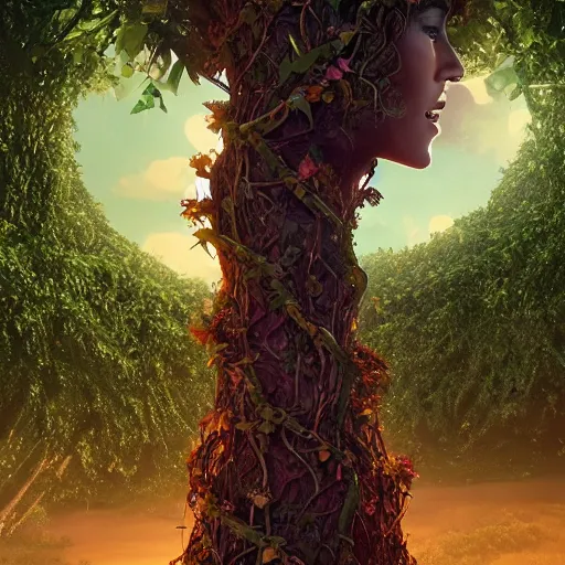 Image similar to giant humanoid Mother Nature made of vines and leaves and a crown made of flowers towering over a tropical island, Dramatic Lighting, Trending on Artstation HQ, 4K, UHD.