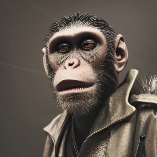 Image similar to Photography of ultra mega super hyper realistic detailed monkey by Hiromasa Ogura wearing cyberpunk style suit . Photo shoot from 30 meters distance on Leica Q2 Camera, Rendered in VRAY and DaVinci Resolve and MAXWELL and LUMION 3D, Volumetric natural light. Wearing cyberpunk suit with many details by Hiromasa Ogura .Rendered in VRAY and DaVinci Resolve and MAXWELL and LUMION 3D, Volumetric natural light