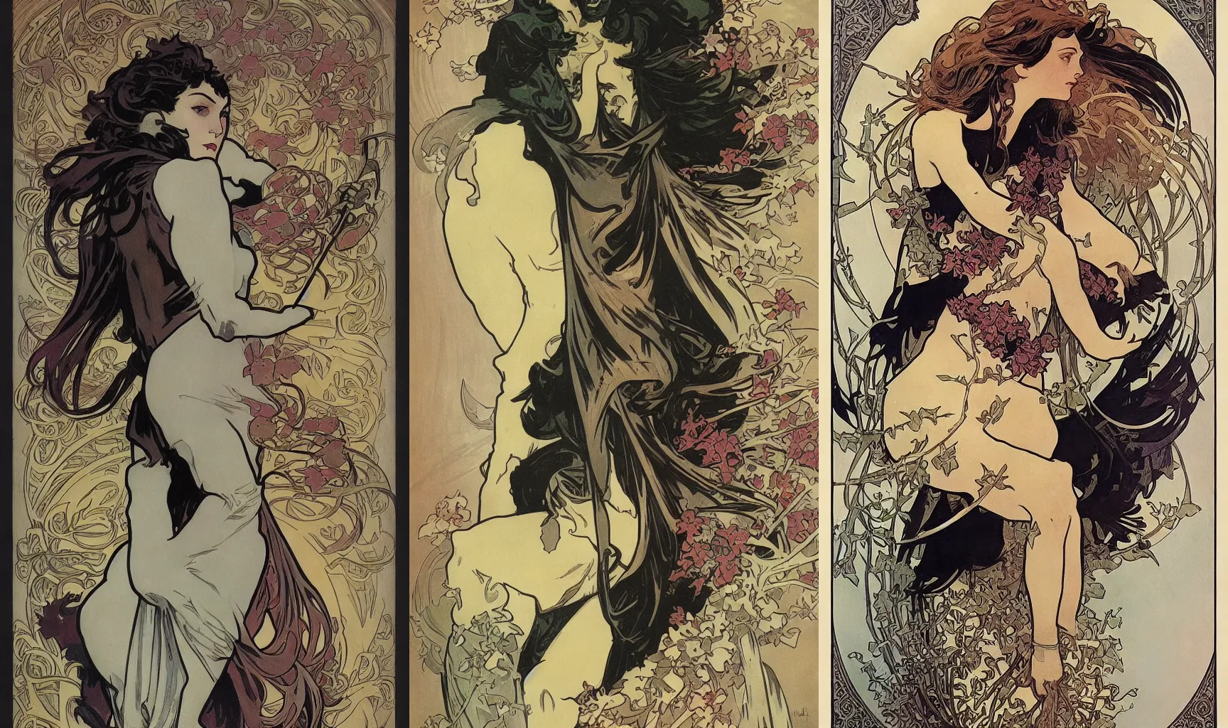 Prompt: A Batman cover by Alphonse Mucha, limited palette, highly detailed, full size, well proportioned, floral, brooding