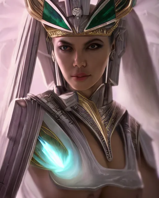 Image similar to perfect white haired attractive egyptian goddess, warframe armor, pharaoh headdress, beautiful, symmetric, dreamy, half asian, pretty face, green eyes, charlize theron, detailed, scifi platform, laboratory, experiment, 4 k, ultra realistic, epic lighting, android body, illuminated, cinematic, masterpiece, art by akihito tsukushi, voidstar