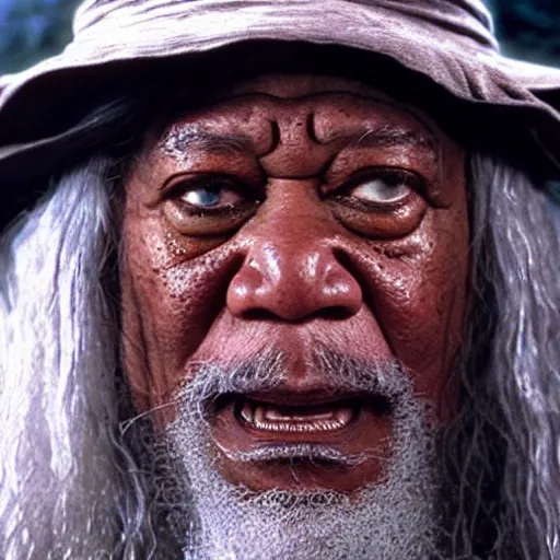 Prompt: Morgan Freeman as Gandalf the Grey fighting orcs, still from Lord of the Rings movie, detailed, 4k