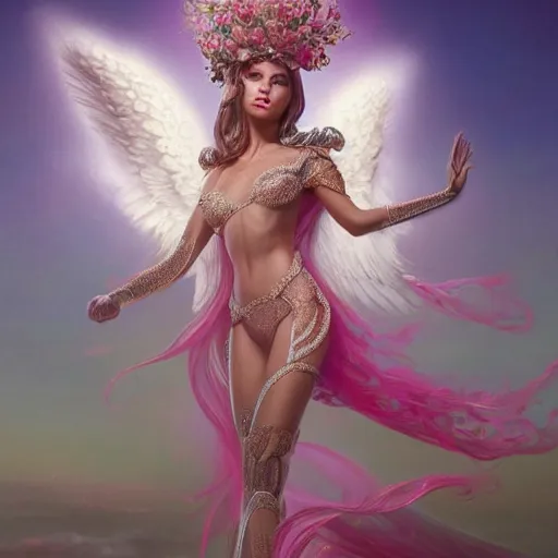 Image similar to expressive full body photo of sophia lauren as beautiful angel, smooth glowing skin, ornate headpiece made from pink flowers, glamour shot, by karol bak, by greg rutkowski, by jeremyg lipkinng, by artgerm, octane render, unreal engine, photorealistic, canon r 3, fashion photography