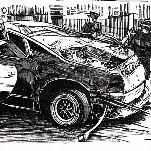 Image similar to a drunk person explaining to a policeman how did he crash his car, highly detailed